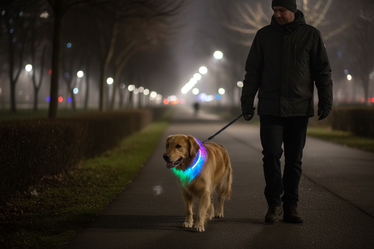 Dog LEd collar walking with man over nicht making licht 